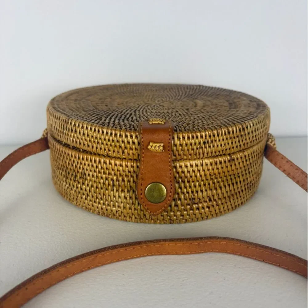 Bali Ata Grass Round Crossbody Bag Rattan Leather Batik Lined Boho Wicker Purse